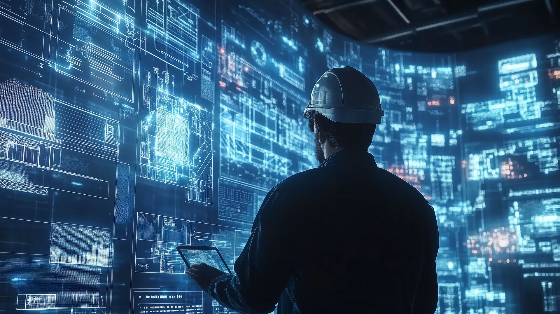 Fachkraft mit Tablet vor digitaler Engineering- und Smart-Building-Visualisierung