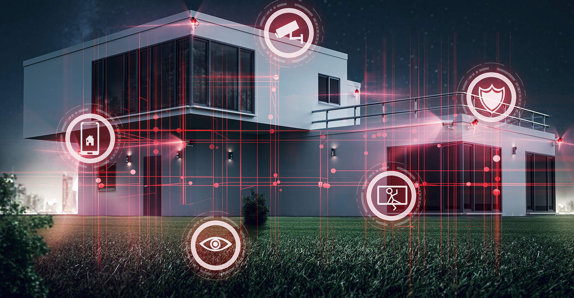 Modernes Wohnhaus mit digitaler Smart-Home-Sicherheitsüberwachung bei Nacht